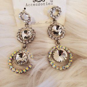 SILVER DOUBLE ROUND STONE MEDIUM DROP EARRINGS
